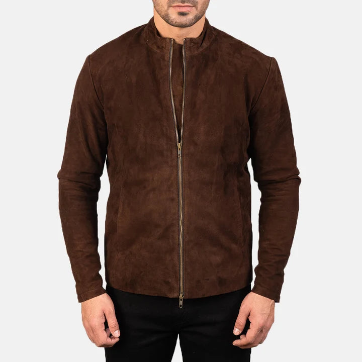 Close-up Shot of Charcoal Mocha Suede Biker Jacket Band Collar and Zipper