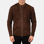 Close-up Shot of Charcoal Mocha Suede Biker Jacket Band Collar and Zipper