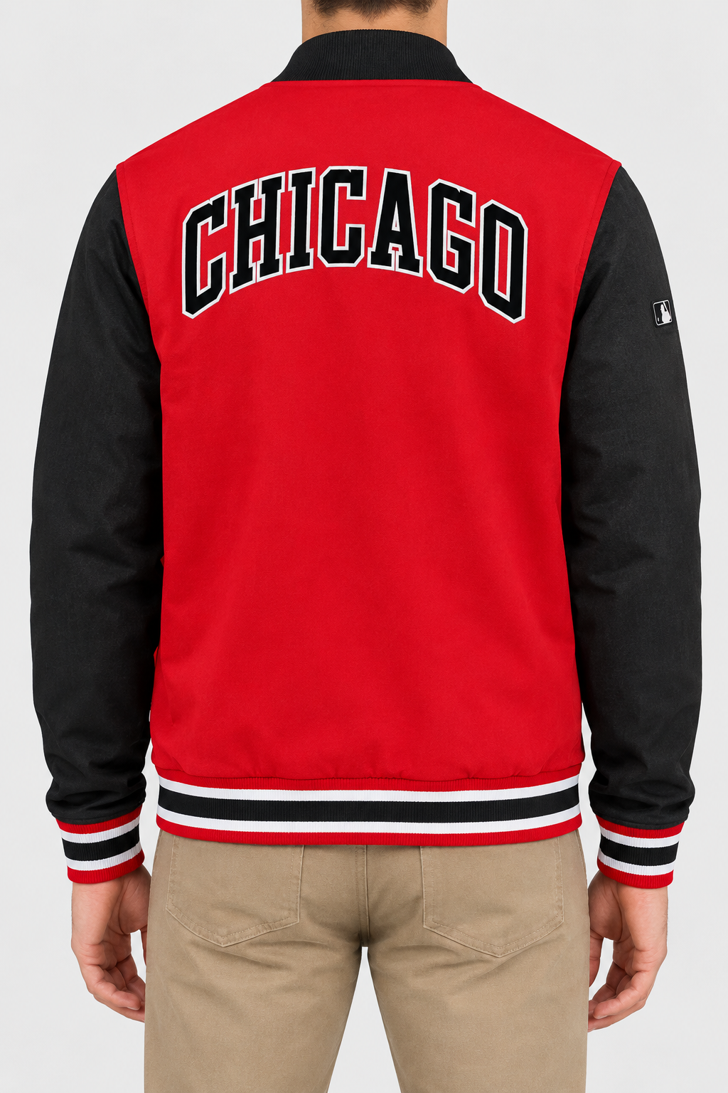 Men’s Red and Black Fleece Varsity Bomber Jacket with Striped Rib Trim