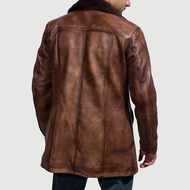 Men's Cinnamon distressed brown leather coat with fur collar and waxed vintage finish