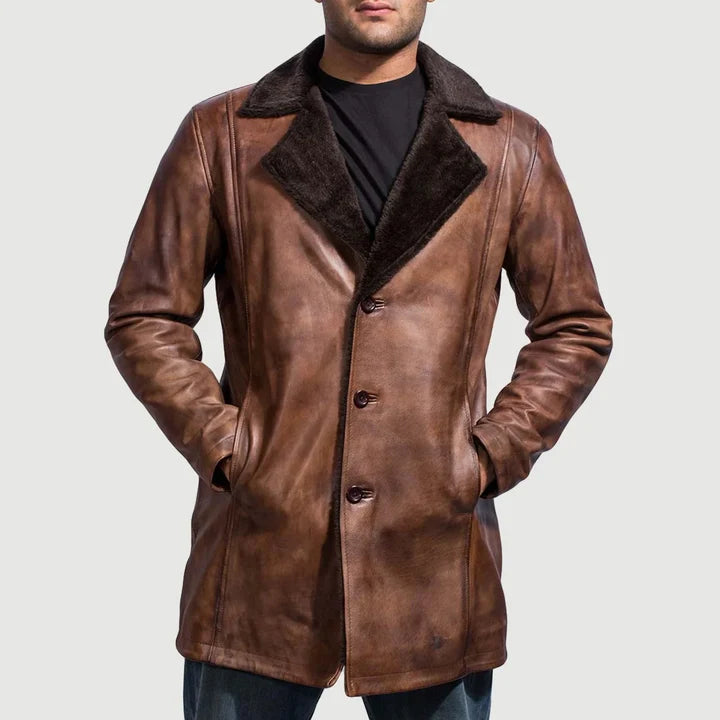 Men's Cinnamon distressed brown leather coat worn closed with three button front and fur collar