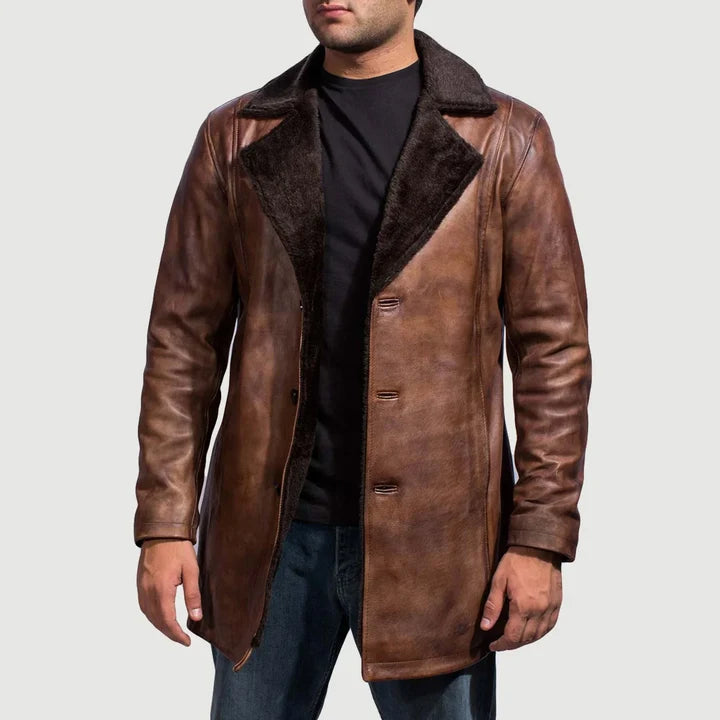 Men's Cinnamon distressed brown leather coat with faux fur lined lapels and open front