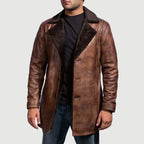 Men's Cinnamon distressed brown leather coat with faux fur lined lapels and open front