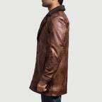 Men's Cinnamon distressed brown leather coat with fur collar and mid-length hem