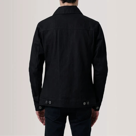 Rear view of Conard Black Denim Trucker Jacket on male model