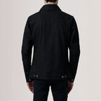 Rear view of Conard Black Denim Trucker Jacket on male model