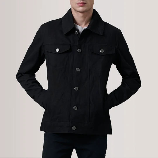 Rear view of Conard Black Denim Trucker Jacket on male model