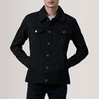Rear view of Conard Black Denim Trucker Jacket on male model