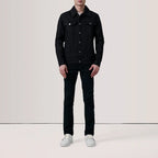 Front standing pose of male model in Conard Black Denim Trucker Jacket