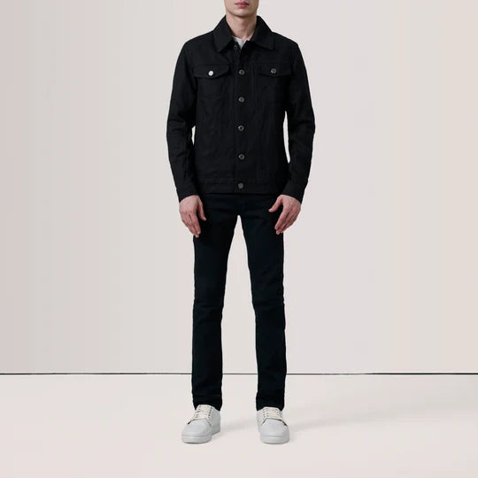 Front standing pose of male model in Conard Black Denim Trucker Jacket