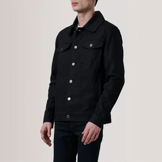 Side front profile view of Conard Black Denim Trucker Jacket
