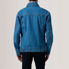 Back view of men's classic blue denim trucker jacket