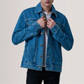 Men's classic blue casual denim trucker jacket with chest pockets