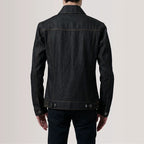 Close up view of side pocket and contrast stitching on Conard Faded Black Denim Trucker Jacket
