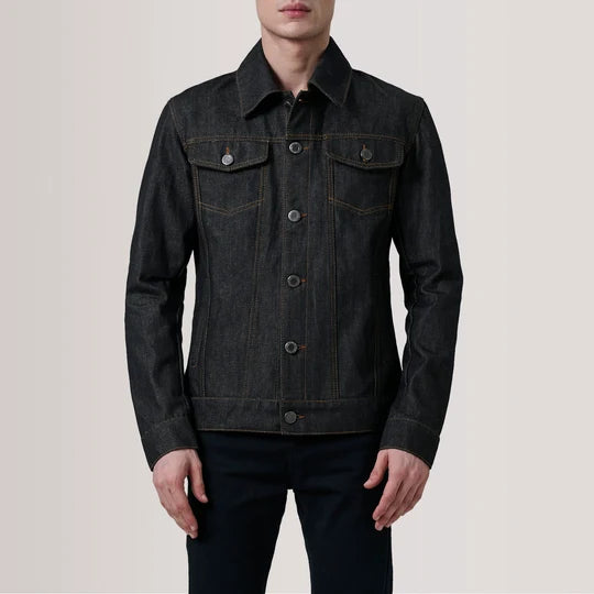 Rear view of Conard Faded Black Denim Trucker Jacket on male model