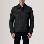 Rear view of Conard Faded Black Denim Trucker Jacket on male model