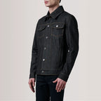 Side front profile view of Conard Faded Black Denim Trucker Jacket