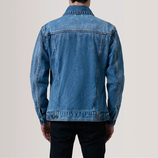 Back view of men's ice blue washed denim jacket