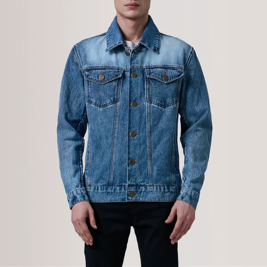 Conard ice blue washed denim trucker jacket for men front view
