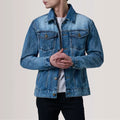 Men's ice blue faded denim trucker jacket with chest pockets