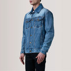 Side profile view of Conard ice blue denim trucker jacket