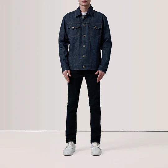 Full front view of open Conard Indigo Blue Denim Trucker Jacket on male model