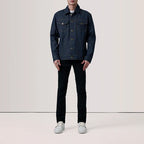 Full front view of open Conard Indigo Blue Denim Trucker Jacket on male model