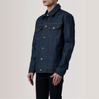 Side front profile view of Conard Indigo Blue Denim Trucker Jacket