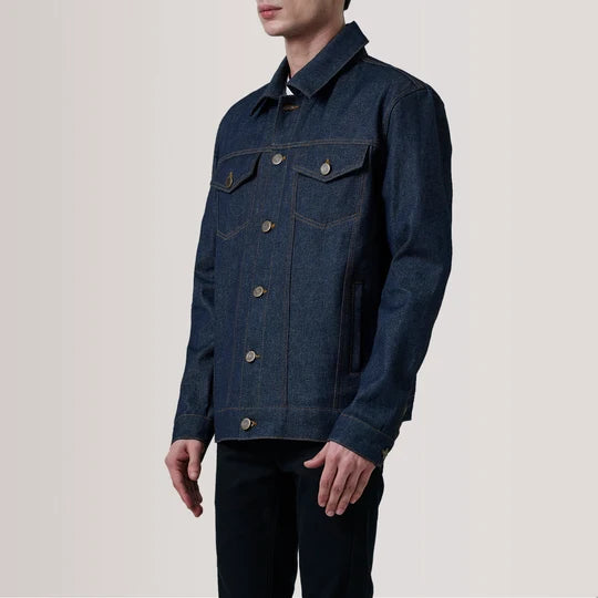 Side front profile view of Conard Indigo Blue Denim Trucker Jacket