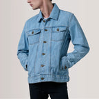 Close-up detail of light blue denim trucker jacket buttons and fabric
