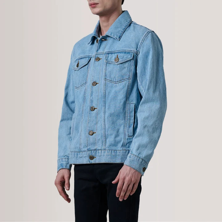 Side view of men's light blue denim jacket