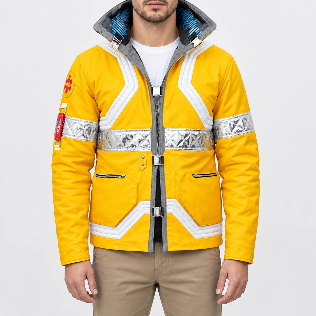 Yellow Cyberpunk 2077 Edgerunners David Martinez Yellow Jacket, white quilted trim, buckle closure and broad stand-up collar