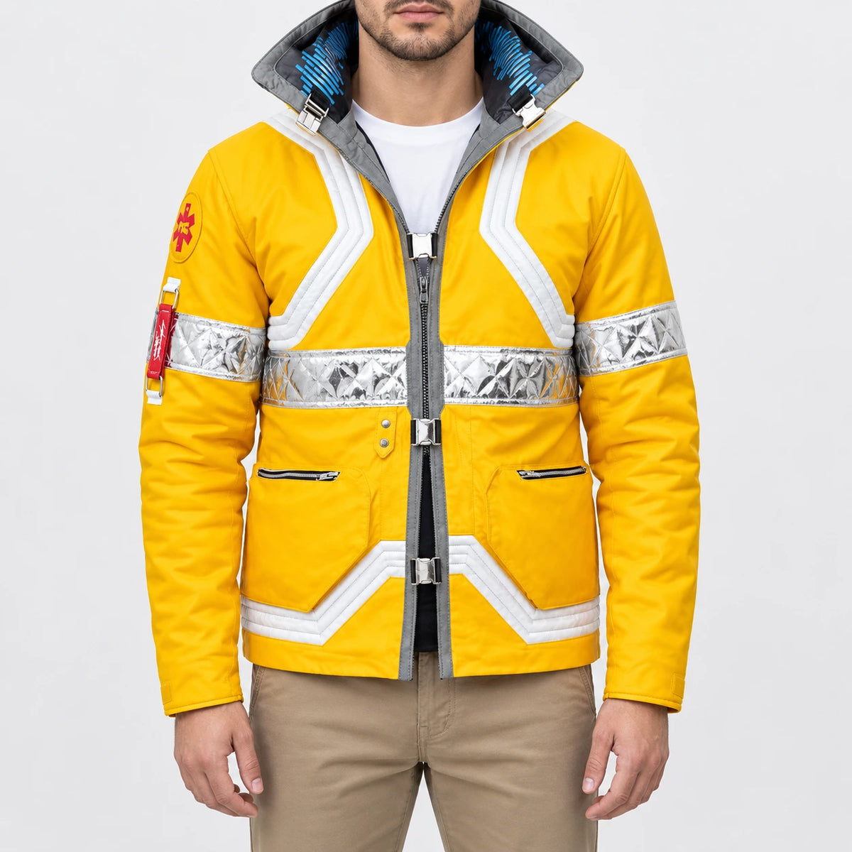 Yellow Cyberpunk 2077 Edgerunners David Martinez Yellow Jacket, white quilted trim, buckle closure and broad stand-up collar