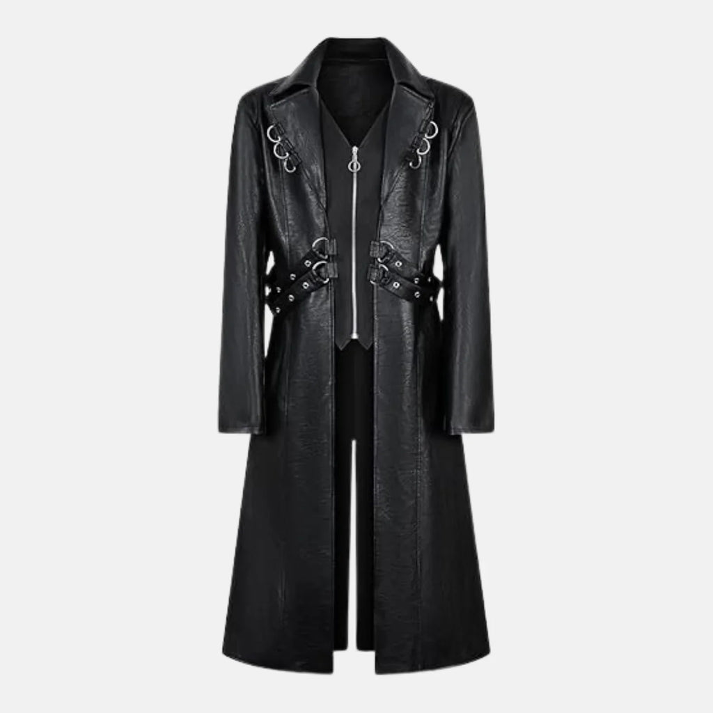 Men's gothic long black leather coat with notched lapels, buckle straps, metal O-rings and zipper vest