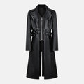 Men's gothic long black leather coat with notched lapels, buckle straps, metal O-rings and zipper vest