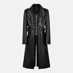 Men's gothic long black leather coat with notched lapels, buckle straps, metal O-rings and zipper vest
