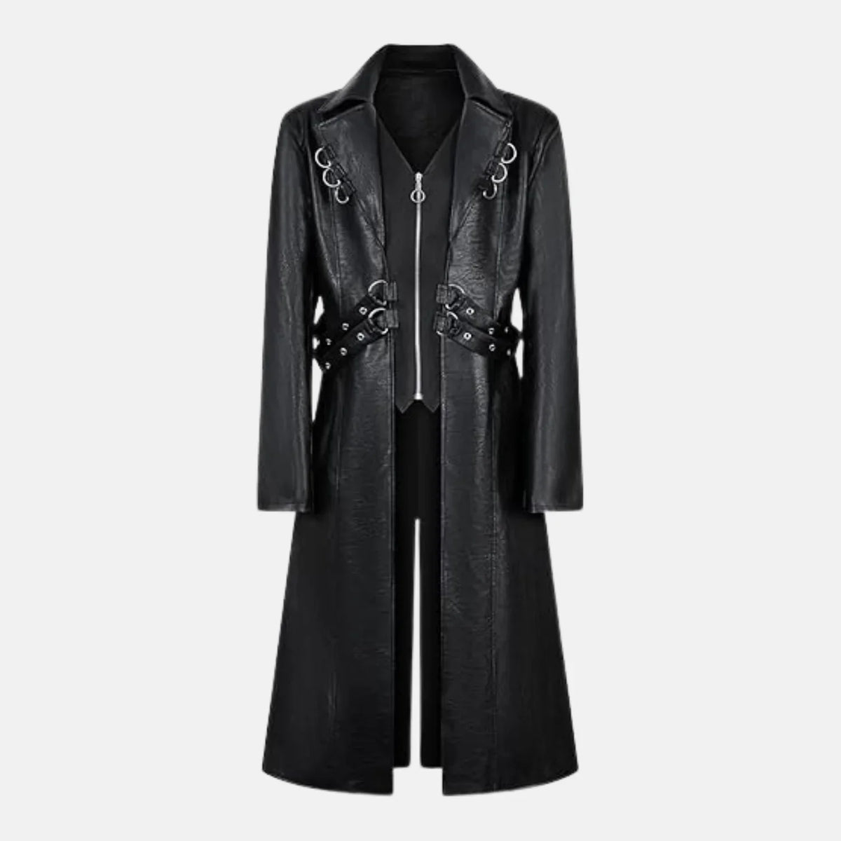 Men's gothic long black leather coat with notched lapels, buckle straps, metal O-rings and zipper vest