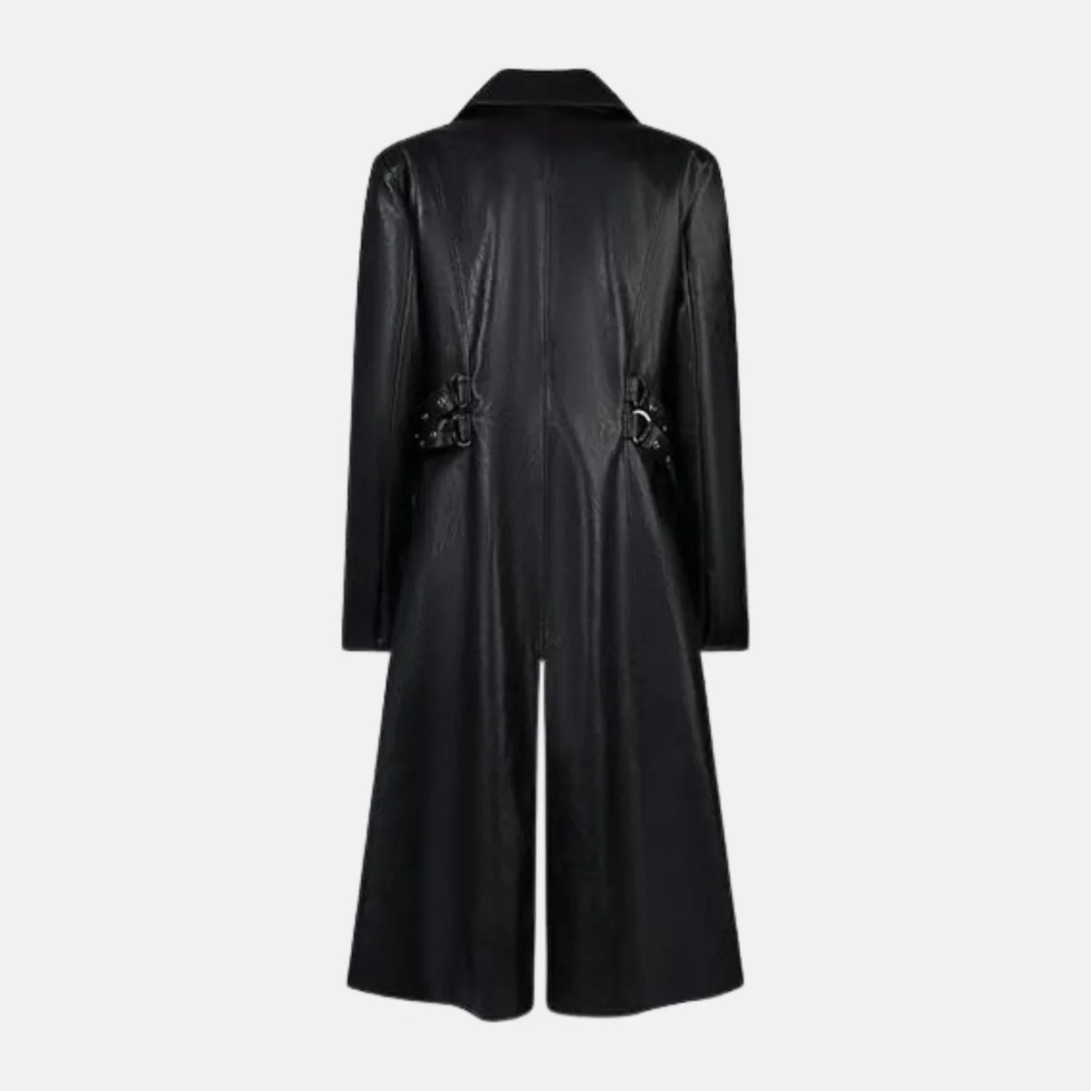 Men's gothic long black leather coat with long hem and center back slit