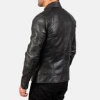 Dean black leather biker jacket folded flat lay view