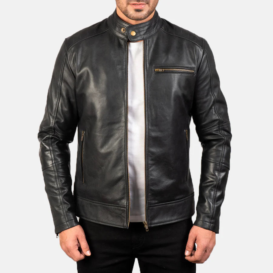 Men's black leather biker jacket side profile with zipper sleeve