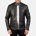 Men's black leather biker jacket side profile with zipper sleeve