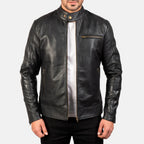 Men's black leather biker jacket side profile with zipper sleeve