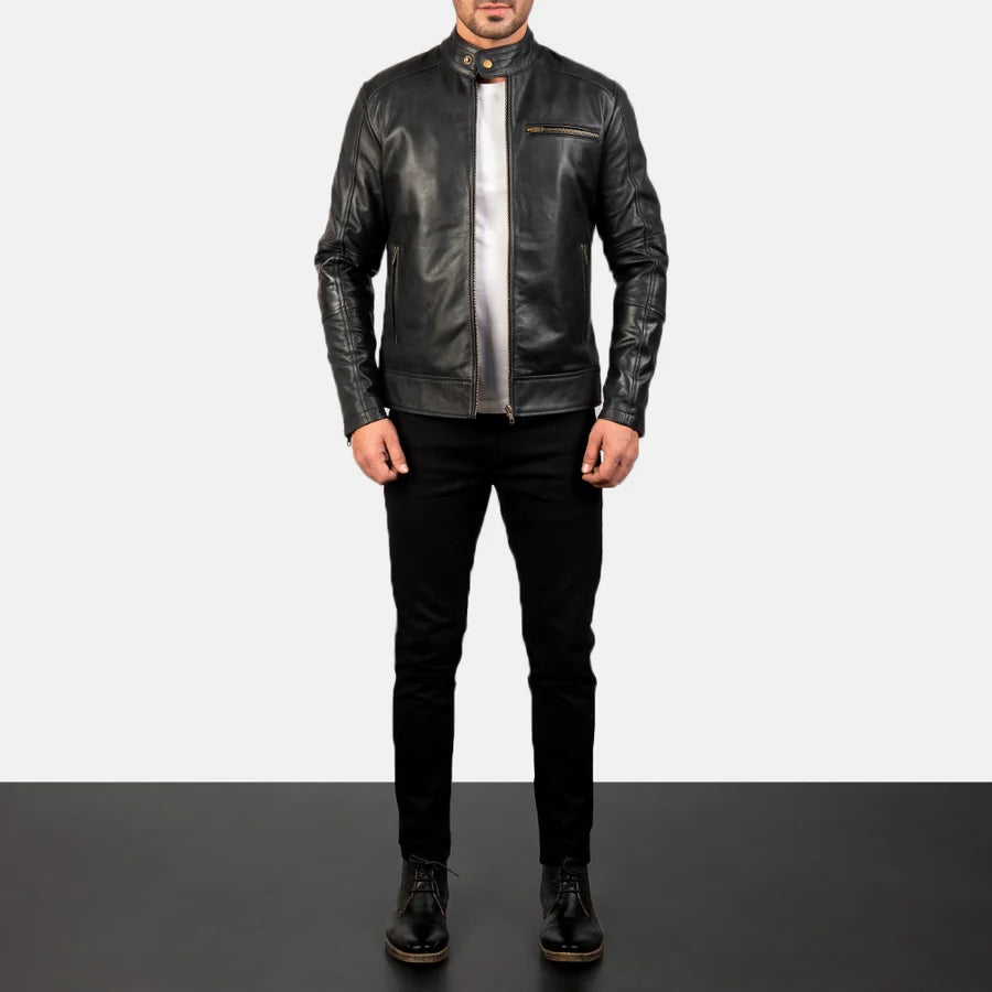 Dean black leather biker jacket full body styling with pants