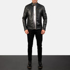 Dean black leather biker jacket full body styling with pants