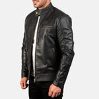 Dean black leather biker jacket side view