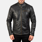 Dean black leather biker jacket close-up front detail