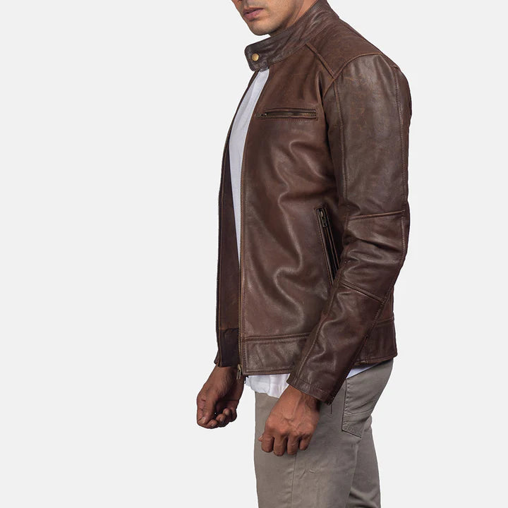 Dean brown leather biker jacket side profile close-up