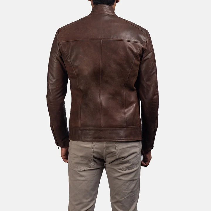 Dean brown leather biker jacket folded flat lay view