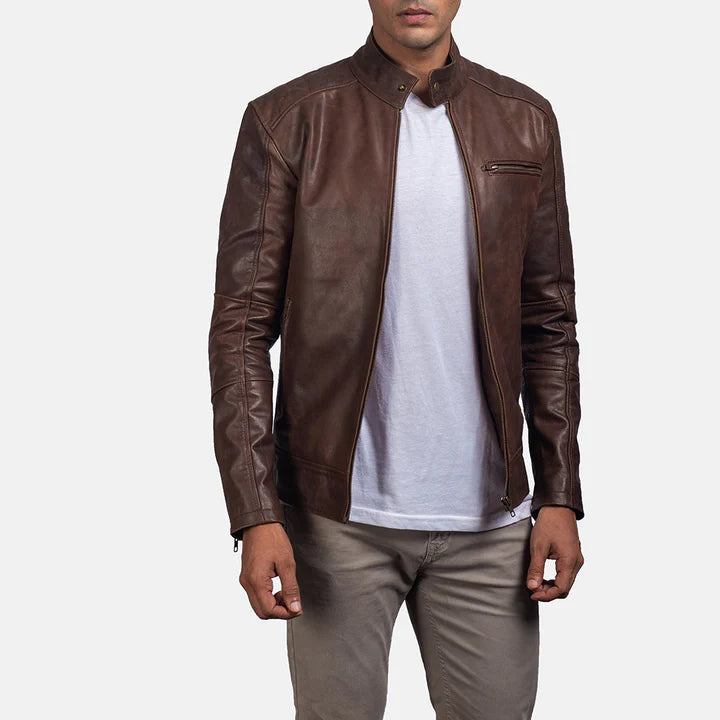 Men's brown leather biker jacket front view with zipper pocket