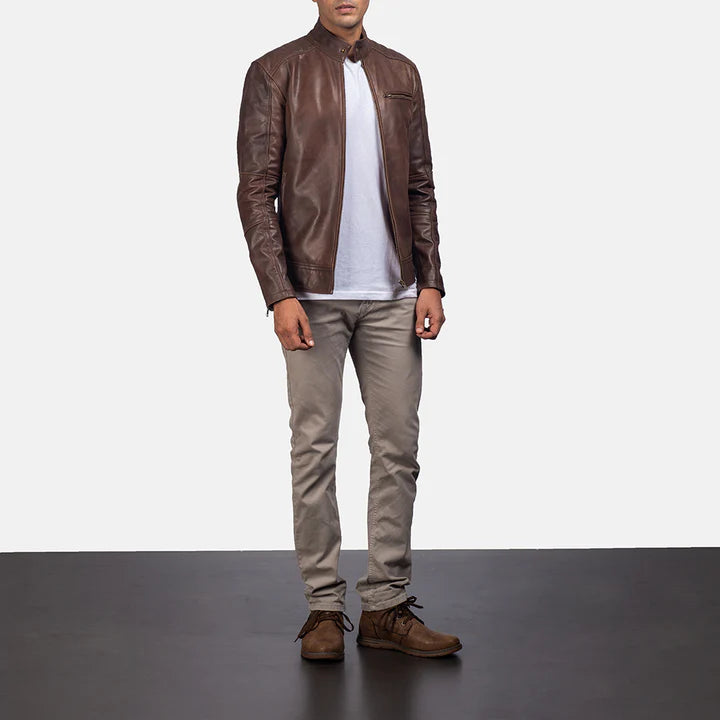 Dean brown leather biker jacket full body styling with pants
